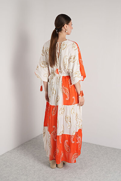 NAVAJO Maxi Elbise- Turuncu Beyaz Kare Astarlı – %100 Pamuk – Standart Beden (36-44)