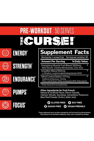JNX Sports The Curse Pre Workout Powder - Fruit Punch 50 Servings | Preworkout: Boost Strength, Energy + Focus