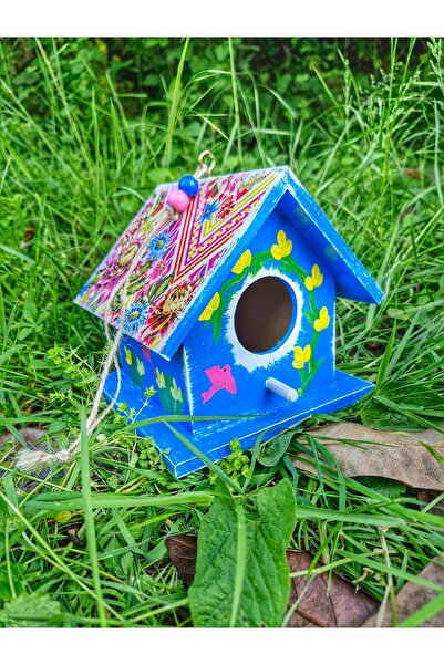 Home Mavi,ahşap el yapımı kuş yuvası ,16×16×16cm ağaç,balkon,bahçe süsü, kuş evi