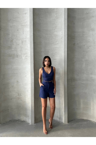 İntive Lingerie Saks Blue Shorts High Waist Shorts Bustier Linen 2 Piece Set