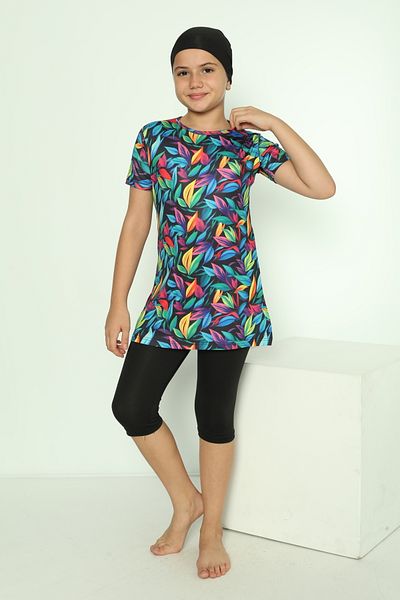 bazaar-turkey all you need Girl's Tights Short Sleeve Leaf Patterned Hijab Swimsuit 1904-21