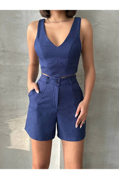 İntive Lingerie Saks Blue Shorts High Waist Shorts Bustier Linen 2 Piece Set
