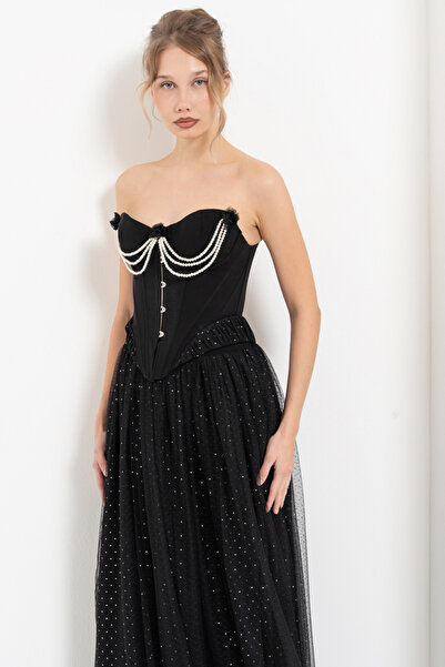 Kikiriki Black-Silver Pearl Detailed Bustier & Long Tulle Skirt Set