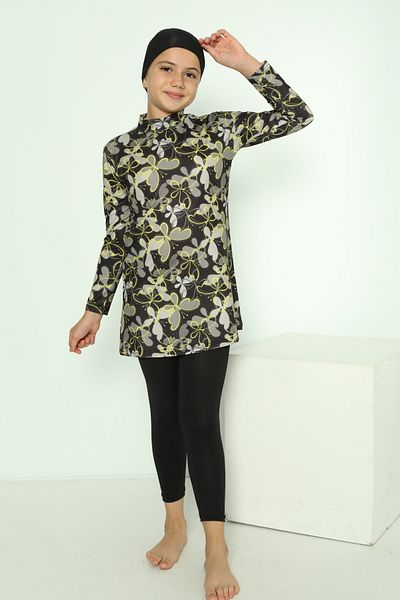 bazaar-turkey all you need Girl's Tights Long Sleeve Floral Patterned Hijab Swimsuit 1900-17