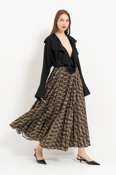 Kikiriki Black-Gold Elastic Waist Pleated Long Skirt