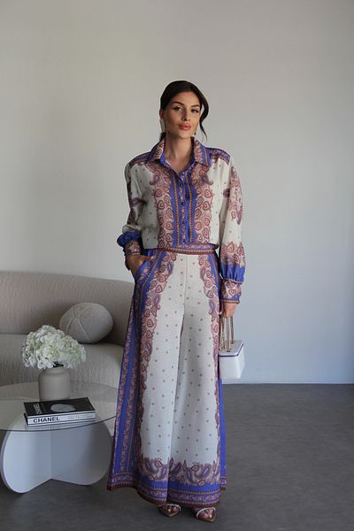 Julidress Cămașă cu model Pantaloni cu picioare extra late Partea de jos Set de lenjerie premium