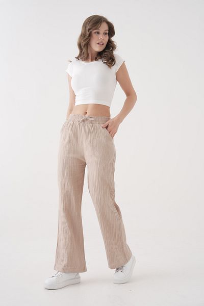 saint majesta Women's Summer Muslin Trousers 100% Cotton Wide Leg with Pockets (Sm25)