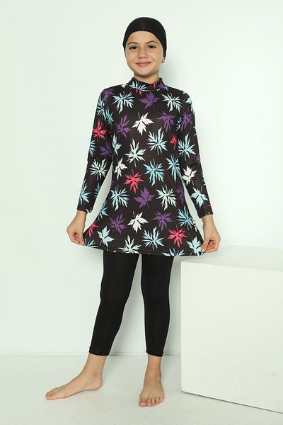bazaar-turkey all you need Girl's Tights Long Sleeve Leaf Patterned Hijab Swimsuit 1900-15
