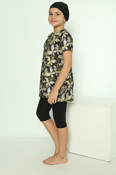 bazaar-turkey all you need Girls' Short Sleeve Patterned Swimsuit with Tights 1904-17