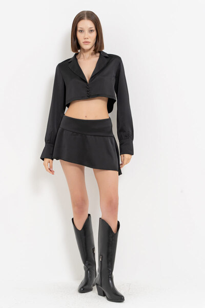 Kikiriki Black Buttoned Crop Satin Shirt & Skirt Set