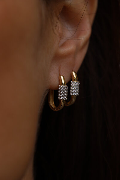 Yenigün Kuyumculuk 14 Ayar Altın Taşlı Oval Dörtgen Küpe