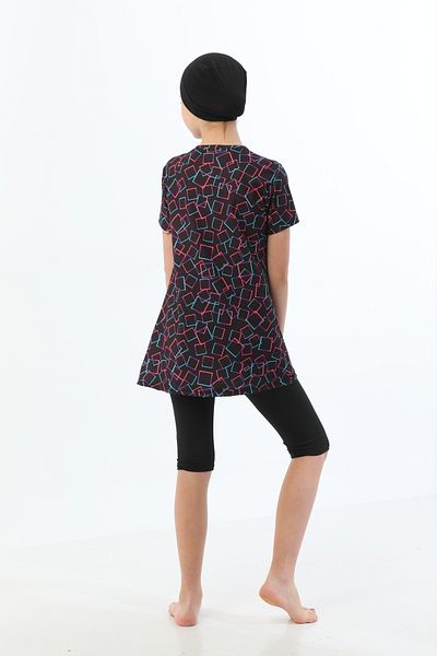 bazaar-turkey all you need Girls' Short Sleeve Patterned Hijab Swimsuit with Tights 1904-8