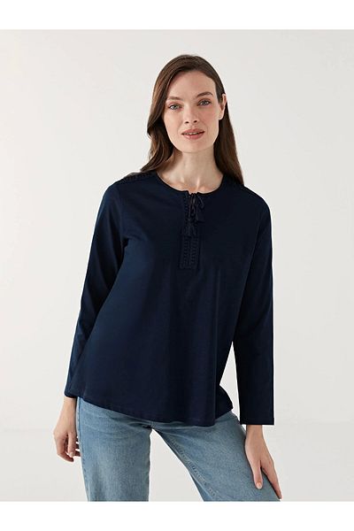 LC Waikiki Lcw Grace Navy Blue Tie Collar Embroidered Women's Blouse