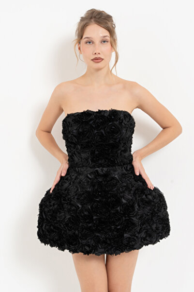 Kikiriki Siyah Straplez Güllü Mini Elbise