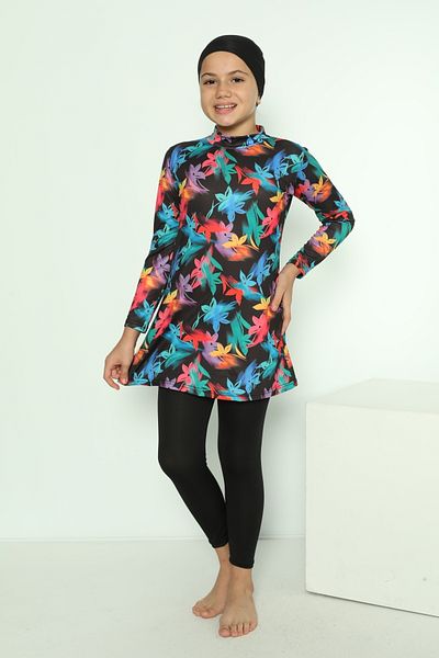 bazaar-turkey all you need Girl's Tights Long Sleeve Patterned Hijab Swimsuit 1900-13