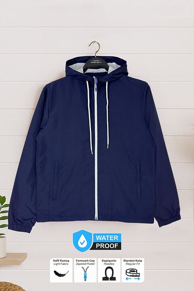 BESSA Men's Navy Blue Raincoat Seasonal Water Repellent Fabric Hooded Zippered Pocket Mesh Interior Design