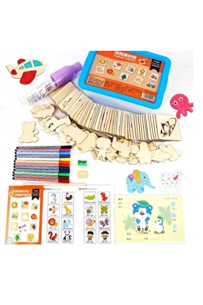Picodino Set Montessori cu 56 sabloane din lemn cu accesorii pentru desenat s...