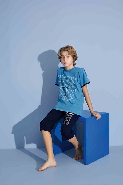 Tarık Male Child Sportswear Fear None T-Shirt Capri Bottom Crew Neck Medium Thick Pajamas Set-3922