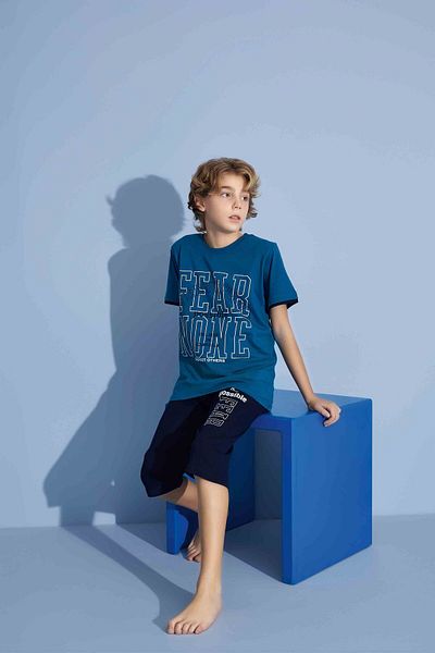 Tarık Male Child Sportswear Fear None T-Shirt Capri Bottom Crew Neck Medium Thick Pajamas Set-3922