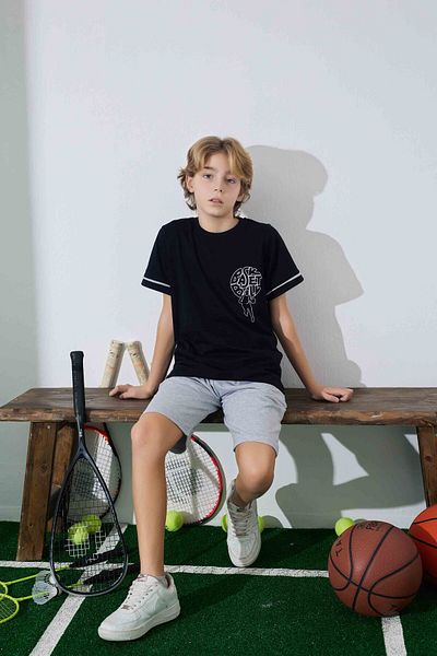 Tarık Male Child Sportswear Basket T-Shirt Sweatshirt Bottom Crew Neck Medium Thick Pajamas Set-3946