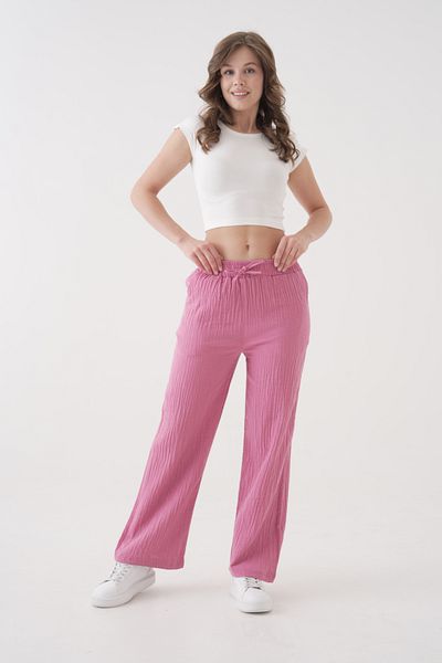 saint majesta Women's Summer Muslin Trousers 100% Cotton Wide Leg with Pockets (Sm25)