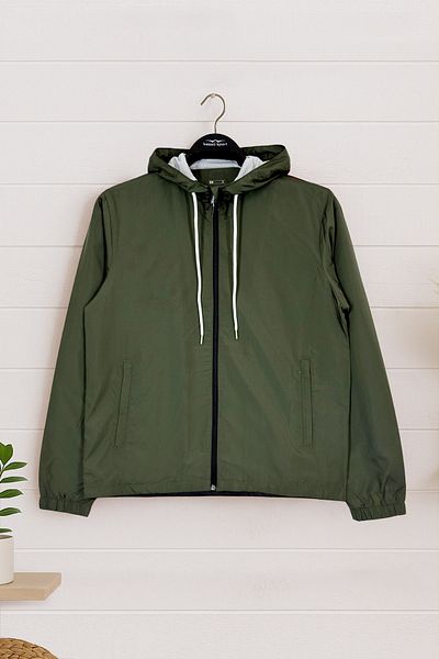 BESSA Men's Khaki Raincoat Seasonal Water Repellent Fabric Hooded Zippered Pocket Mesh Interior Design