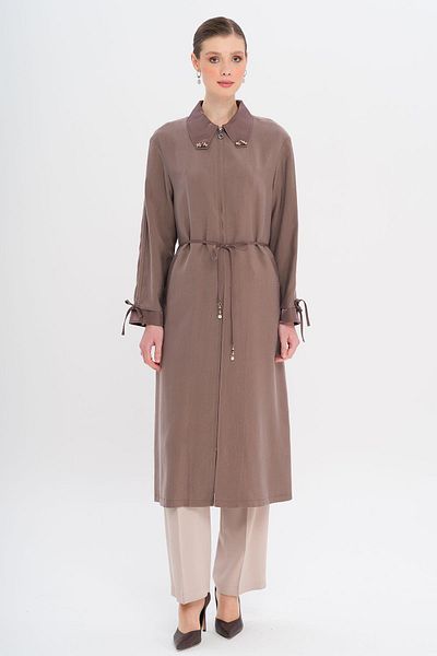 Olcay Unlined Modal Cap with Beaded Collar and Drawstring Detail Brown 6751