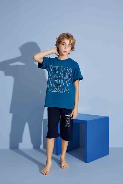 Tarık Male Child Sportswear Fear None T-Shirt Capri Bottom Crew Neck Medium Thick Pajamas Set-3922