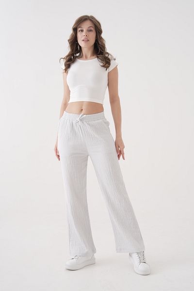 saint majesta Women's Summer Muslin Trousers 100% Cotton Wide Leg with Pockets (Sm25)