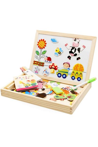 Picodino Tabla magnetica din lemn cu puzzle 3 in 1 Ferma, Multicolora