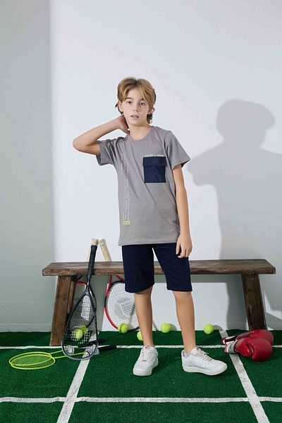 Tarık Men's Children's Sportswear Pocket T-Shirt Sweatshirt Bottom Crew Neck Medium Thick Pajama Set-3962
