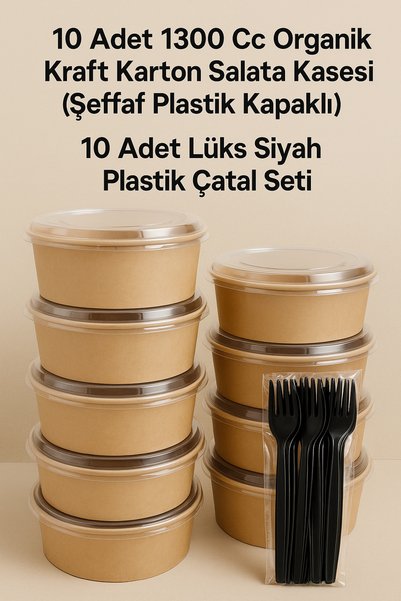 BAKOM AMBALAJ 10 Adet 1300 Cc 10 Adet Çatal Karton Kapaklı Salata Kasesi 10 A...