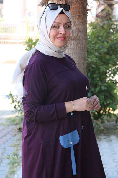 Eslina 58002 تونيك قطن ممشط مقاس كبير مع تفاصيل عشبية من الأمام - أرجواني