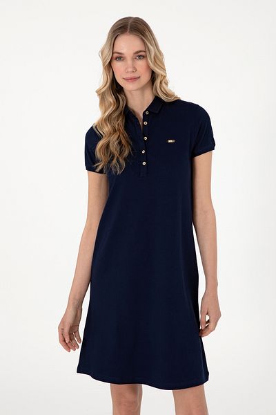 U.S. Polo Assn. Rochie tricotată pentru femei, albastru bleumarin, cu gât polo, mărime mini 50305853-vr033