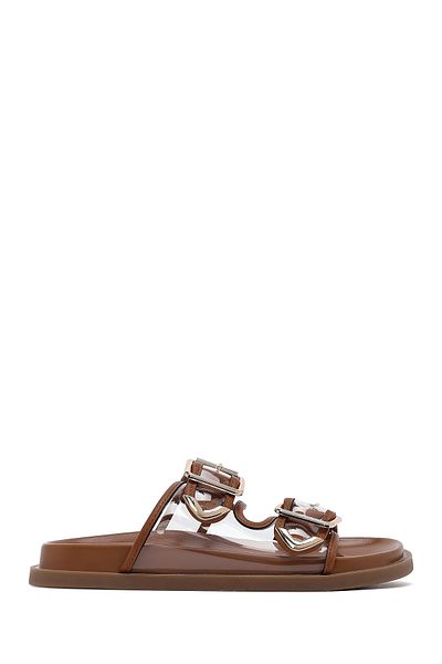 Derimod Women's Tan Double Buckle Slippers 25Sfe4511Pv