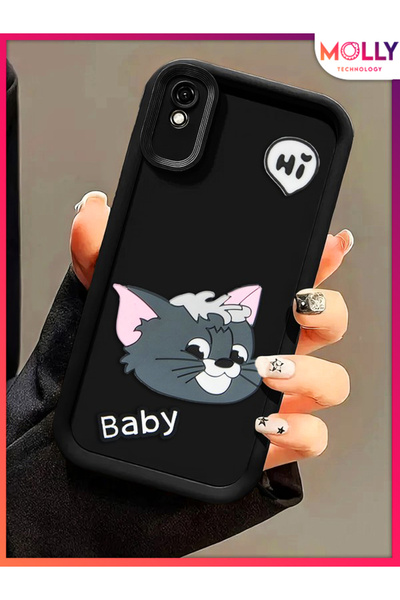 Molly Xiaomi Redmi 9A İçin Siyah Kenarları Kalın 3d Kabartmalı Baby Tom Silik...
