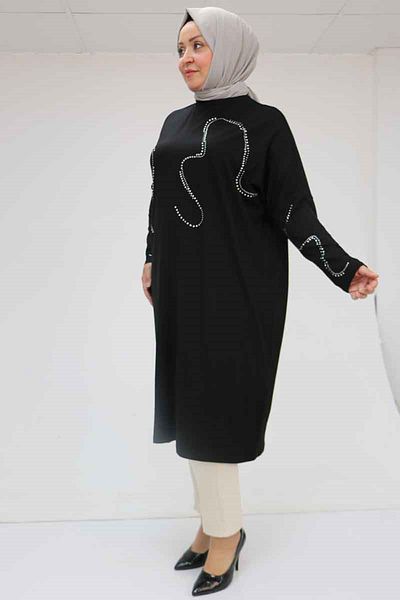 Eslina 58066 تونيك قطني ممشط بطبعة حجرية وأكمام طويلة مقاس كبير - أسود