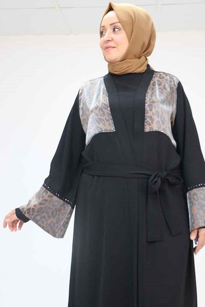Eslina 57207 plus size garni detailed etamine dress abaya - black