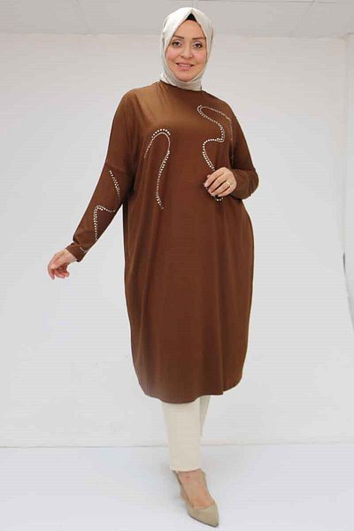 Eslina 58066 Large Size Low Sleeve Stone Printed Combed Cotton Tunic - Brown