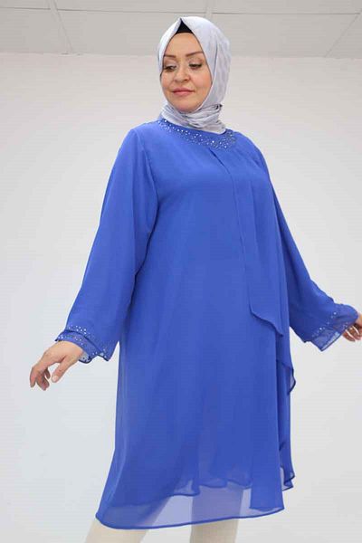 Eslina 58015 Large Size Chiffon Tunic with Stone Detail on Collar - Saks