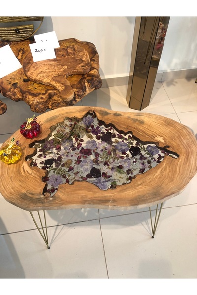 NADİDE Doğal ahşap Epoxi ve doğal kurutulmuş çiçekli sehpa