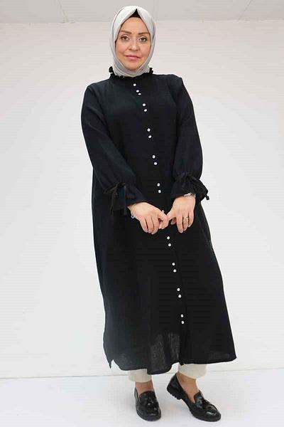 Eslina 58049 Large Size Linen Tunic with Ruffle Collar - Black