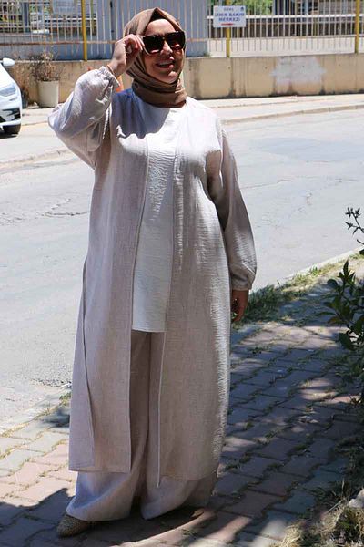 Eslina 57026 Large Size Mostral Etamine Suit with Trousers - Beige