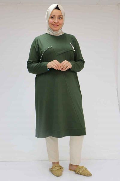 Eslina 58003 plus size armory and stone detailed jersey tunic - khaki