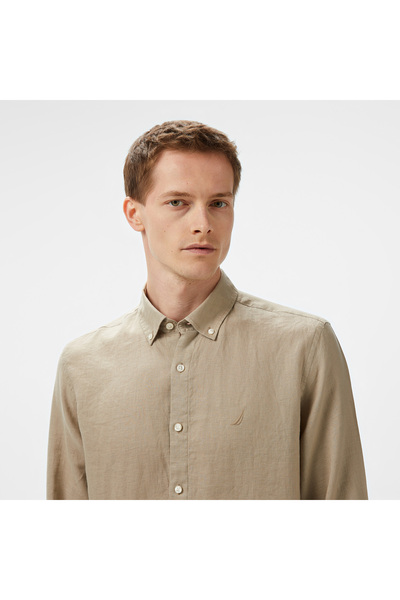 Nautica Erkek Bej Classic Fit Keten Gömlek