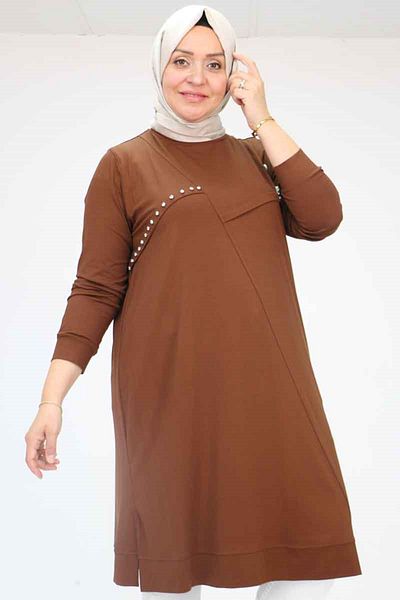 Eslina 58003 Large Size Combed Cotton Tunic with Crest and Stone Detail - Brown