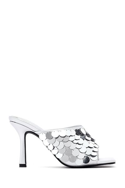 Derimod Women's Silver Sequin Thin Heeled Slippers 25Sfe451414