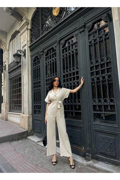 isez Linen Jumpsuit with Waist Tie Detail - Cream