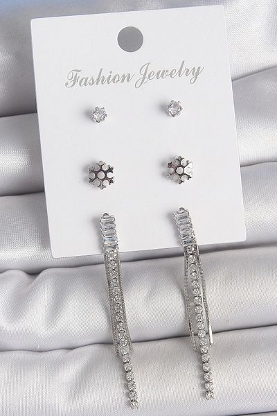 Clariss Brass Gold Color Zircon Stone Dangle Flower Detail 3 Pair Women's Earring Set