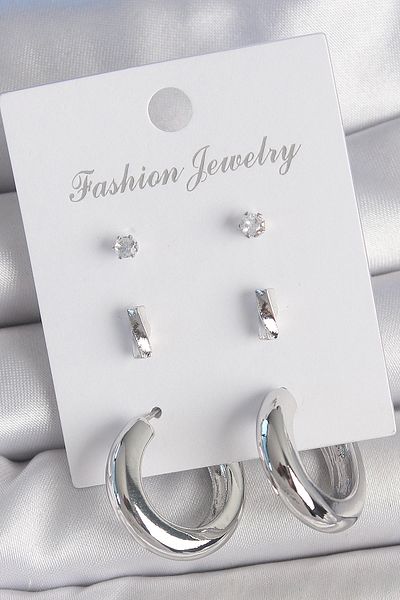 Clariss Brass Silver Color Zircon Stone Detail Hoop Model 3 Pair Women's Earring Set
